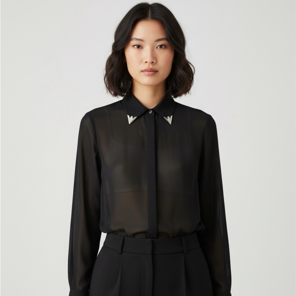 2/$30 Western Shirt with Silver Heart Collar Accents Button Up Sheer Black Shirt